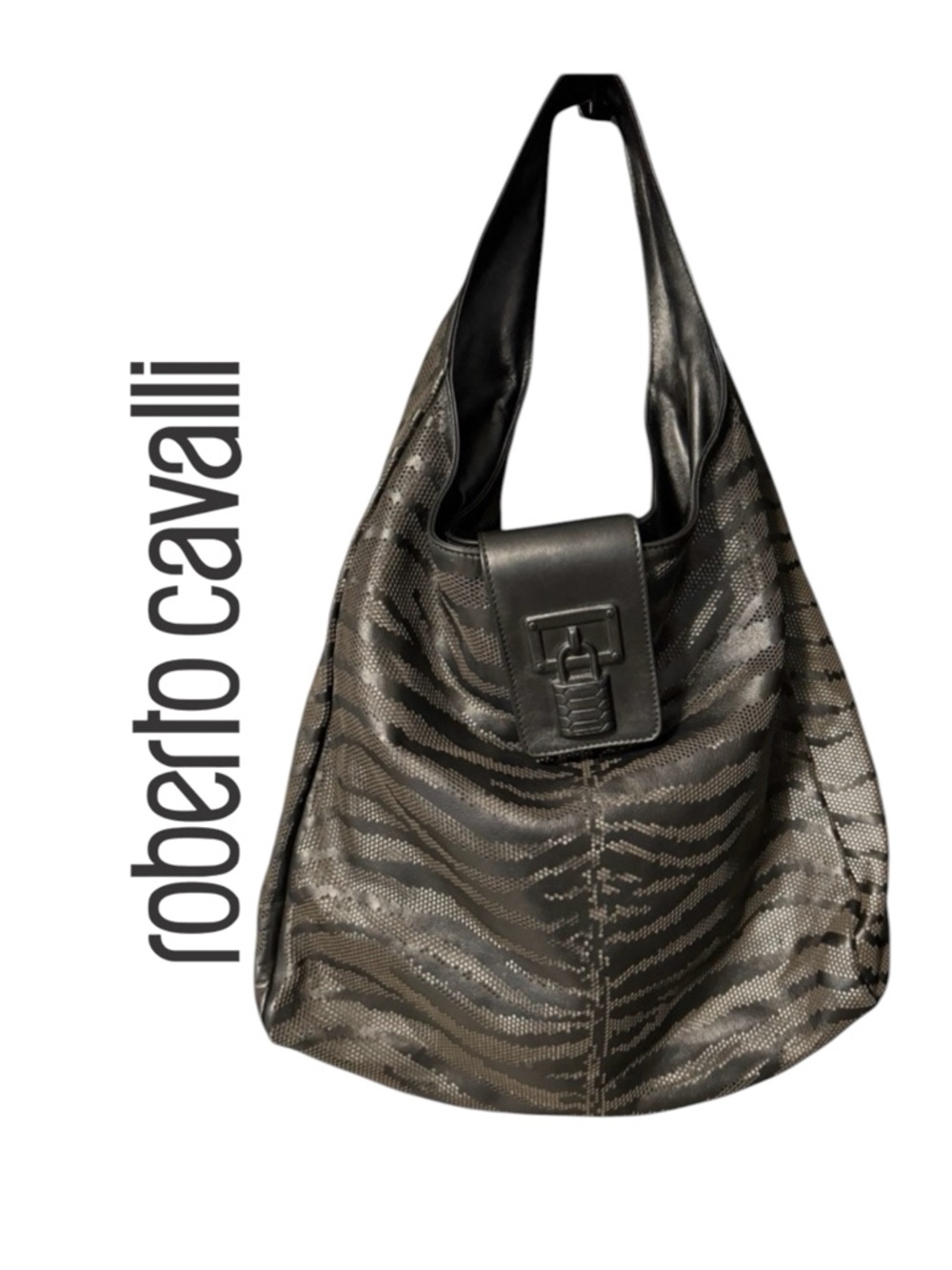 Roberto Cavalli Black Laser Cut Zebra Print Hobo Bag